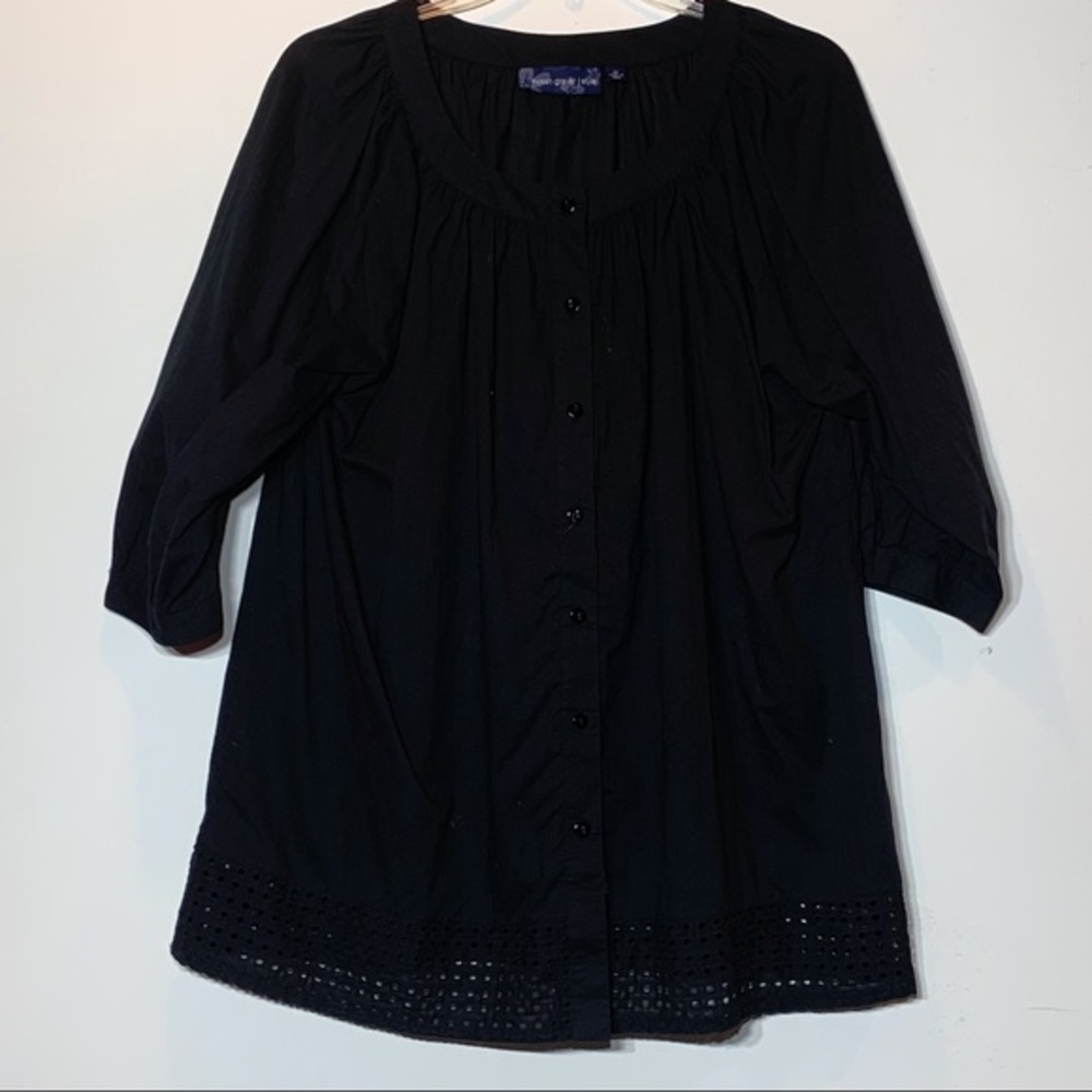 EUC Susan Graver Style Pleated Neckline Button Up Basket Weave‎ Lace Trim Blouse